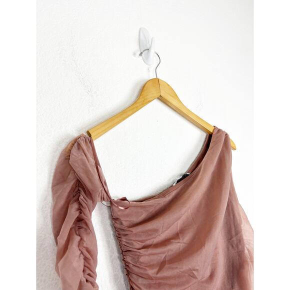 Zara Fitted Asymmetric Draped Organza Dress Medium One Sleeve Ruched Cocktail - Picture 7 of 14
